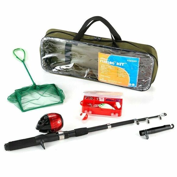 Kids Fishing Kit Telescopic Rod Tackle Box Spincast Reel Bait Net Travel Bag NEW - Picture 1 of 3